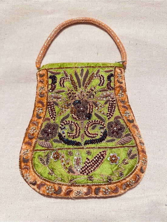 Vintage Handbags - Vintage | Bag | Embroidered Green & Orange Beaded Handle Top-Handle Bag